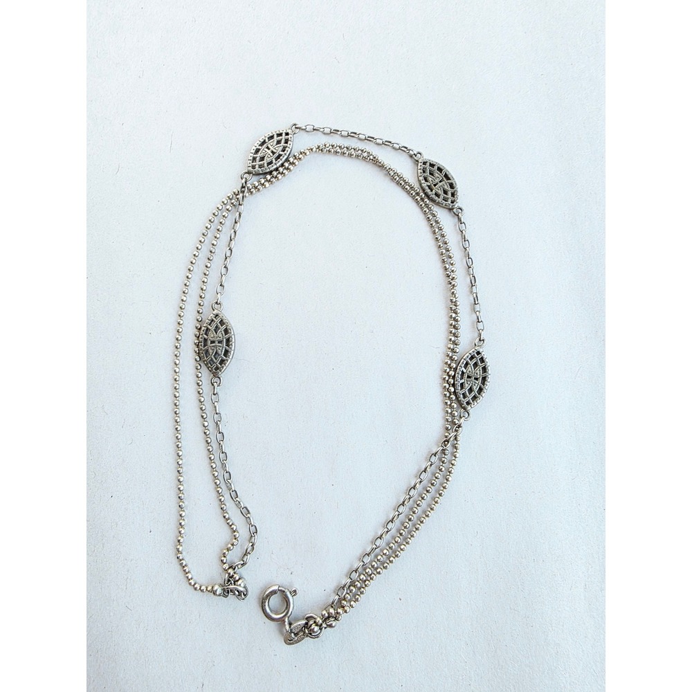 Sterling Silver 925 Double Strand Filigree Marquise Station Anklet 9.5" vintage